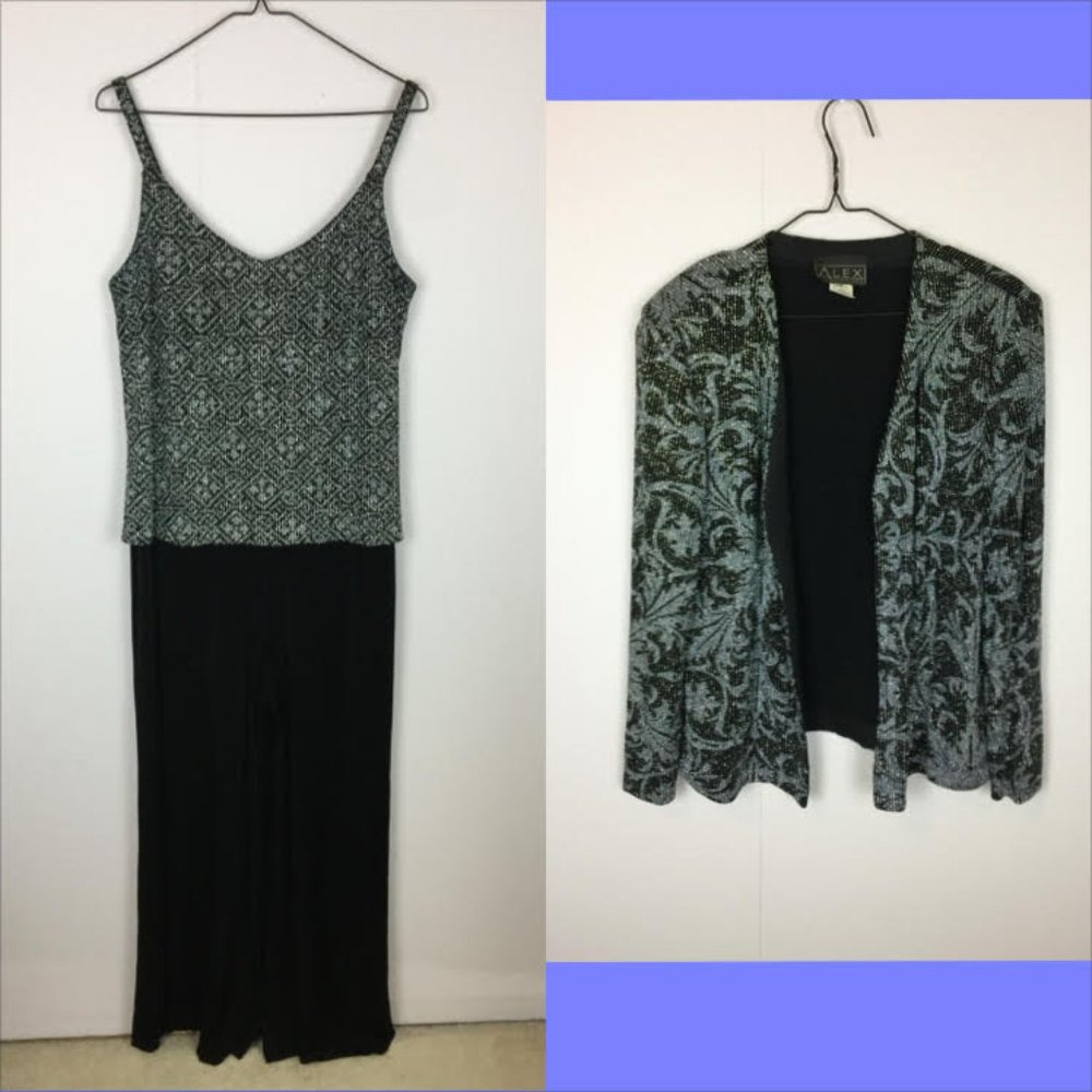 Alex Evenings Sz 14 Womans Wide Leg Jumpsuit & Jacket Black Metallic Slinky Knit